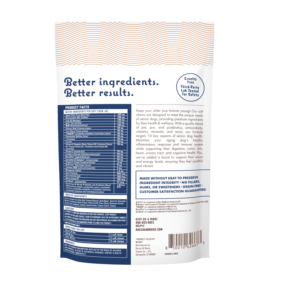 Rocco & Roxie 10-in-1 Senior Dog Supplement, Immune Support, Duck Flavor, 60 Chews