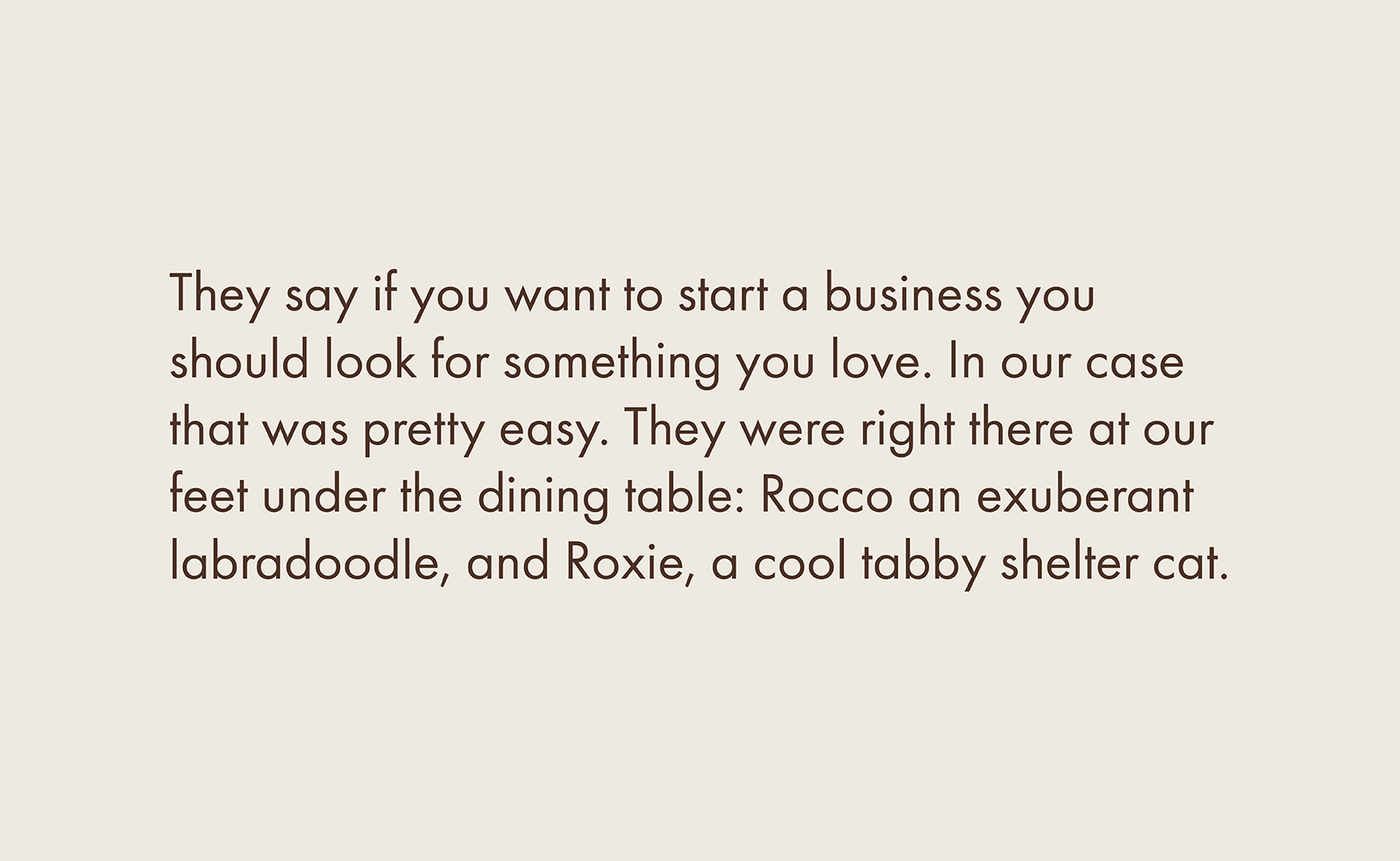 They say if you want to start a business you should look for something you love. In our case that was pretty easy. They were right there at our feet under the dining table: Rocco an exuberant labradoodle, and Roxie, a cool tabby shelter cat.